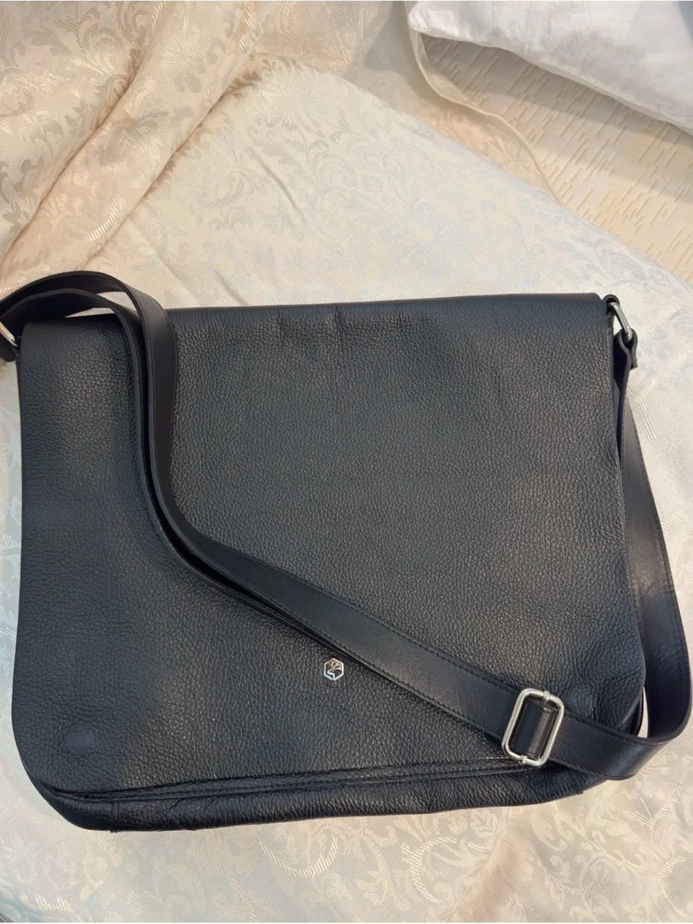 Valentina Black Pebbled Leather Messenger Bag with Adjustable Strap